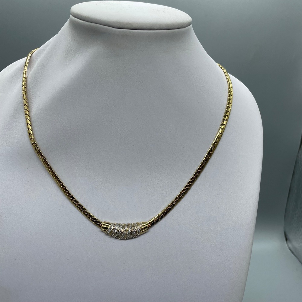 Gold Tone Herringbone Chain Necklace with Crystal‎ Pavé Ribbed Pendant 17 Inch